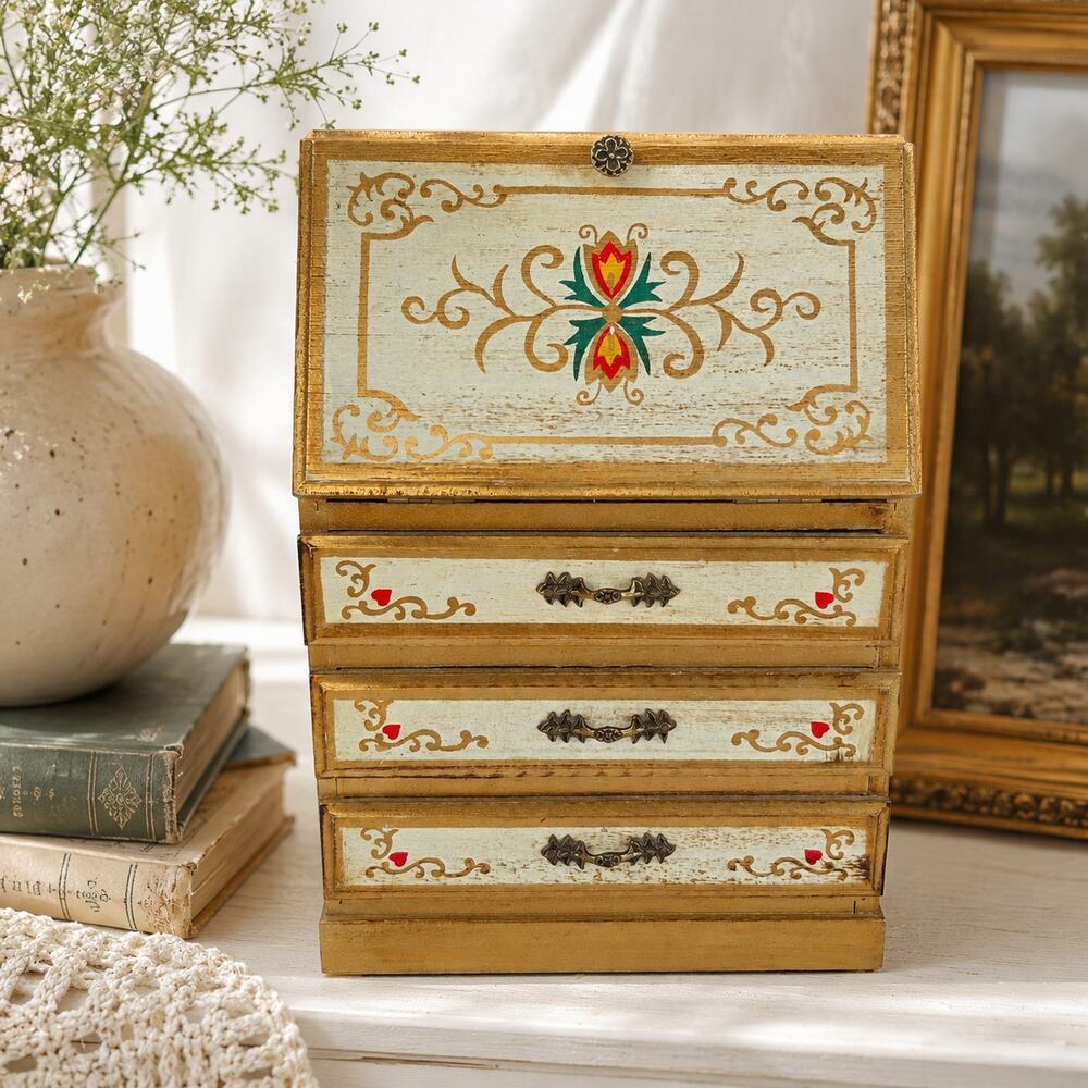 Vintage Italian Florentine Wood Musical Jewelry Box Toyo Impossible Dream